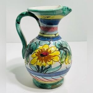 Vintage Italian Majolica Hand Painted Pottery Floral Pitcher